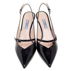 Pre Owned Prada Black Vernice Saffiano Leather Bow Pointed-Toe Slingback Pumps Size 40