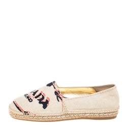 Pre Owned Prada Beige Logo Embroidered Canvas Flat Espadrilles Size 39.5