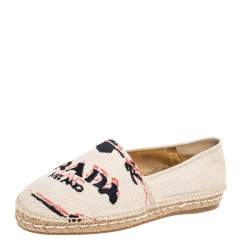 Pre Owned Prada Beige Logo Embroidered Canvas Flat Espadrilles Size 39.5