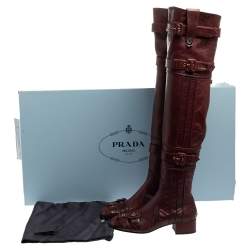Pre Owned Prada Burgundy Leather Buckle Embellished Over The Knee Boots Size 38