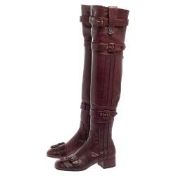 Pre Owned Prada Burgundy Leather Buckle Embellished Over The Knee Boots Size 38