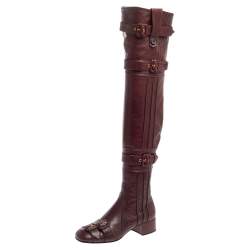 Pre Owned Prada Burgundy Leather Buckle Embellished Over The Knee Boots Size 38