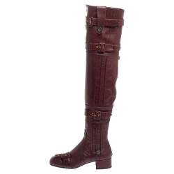 Pre Owned Prada Burgundy Leather Buckle Embellished Over The Knee Boots Size 38