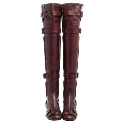 Pre Owned Prada Burgundy Leather Buckle Embellished Over The Knee Boots Size 38