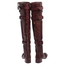Pre Owned Prada Burgundy Leather Buckle Embellished Over The Knee Boots Size 38
