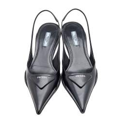 Pre Owned Prada Black Leather Logo Embellished Slingback Sandals Size 38