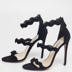 Pre Owned Prada Black Suede Scalloped Open Toe Sandals Size 38