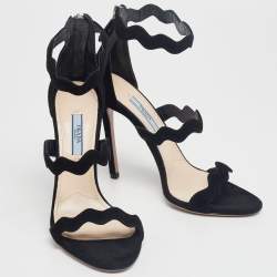 Pre Owned Prada Black Suede Scalloped Open Toe Sandals Size 38