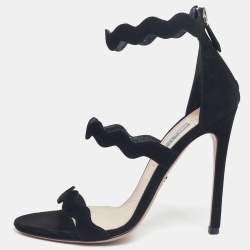 Pre Owned Prada Black Suede Scalloped Open Toe Sandals Size 38