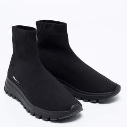 Pre Owned Prada Black Knit Fabric Logo Sock Runner High Top Sneakers Size 38