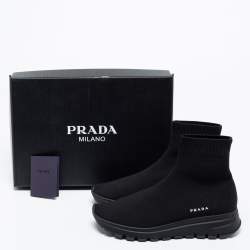 Pre Owned Prada Black Knit Fabric Logo Sock Runner High Top Sneakers Size 38
