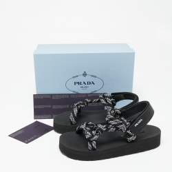 Pre Owned Prada Black/White Leather And Rope Donna Nastro Platform Sandals Size 39