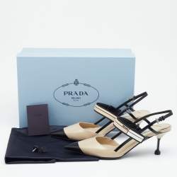Pre Owned Prada Beige/Black Leather Slingback 65 Kitten Heel Pumps Size 37