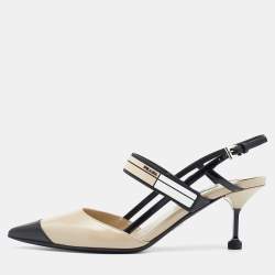 Pre Owned Prada Beige/Black Leather Slingback 65 Kitten Heel Pumps Size 37