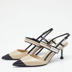 Pre Owned Prada Beige/Black Leather Slingback 65 Kitten Heel Pumps Size 37