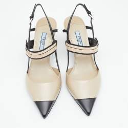 Pre Owned Prada Beige/Black Leather Slingback 65 Kitten Heel Pumps Size 37