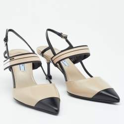 Pre Owned Prada Beige/Black Leather Slingback 65 Kitten Heel Pumps Size 37