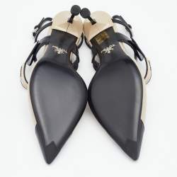 Pre Owned Prada Beige/Black Leather Slingback 65 Kitten Heel Pumps Size 37
