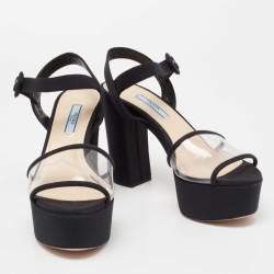 Prada Black  PVC  And Canvas Open Toe Platform Ankle Strap Sandals Size 37