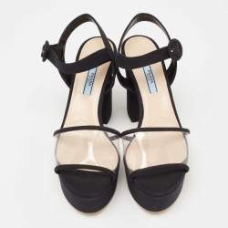 Prada Black  PVC  And Canvas Open Toe Platform Ankle Strap Sandals Size 37