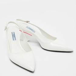 Pre Owned Prada White Patent Leather Pointed-Toe Slingback Pumps Size 39.5