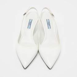 Pre Owned Prada White Patent Leather Pointed-Toe Slingback Pumps Size 39.5