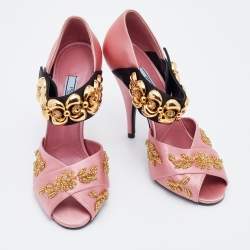 Prada Pink/Black Satin Crystal Embellished Peep Toe Sandals Size 38
