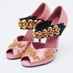 Prada Pink/Black Satin Crystal Embellished Peep Toe Sandals Size 38