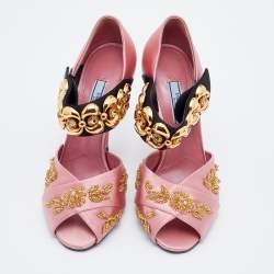 Prada Pink/Black Satin Crystal Embellished Peep Toe Sandals Size 38