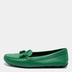 Pre Owned Prada Green Saffiano Leather Bow Loafers Size 37.5