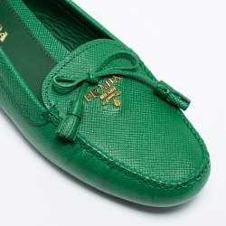 Pre Owned Prada Green Saffiano Leather Bow Loafers Size 37.5