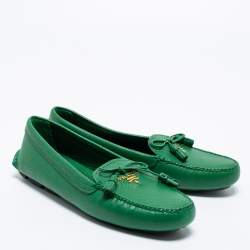Pre Owned Prada Green Saffiano Leather Bow Loafers Size 37.5