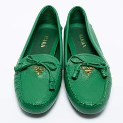Pre Owned Prada Green Saffiano Leather Bow Loafers Size 37.5