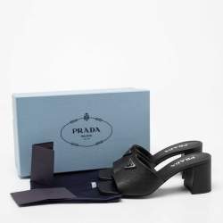 Pre Owned Prada Black Saffiano Leather Triangle Logo Plaque Block Heel Slide Sandals Size 38