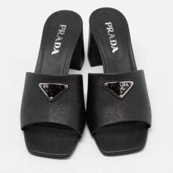 Pre Owned Prada Black Saffiano Leather Triangle Logo Plaque Block Heel Slide Sandals Size 38