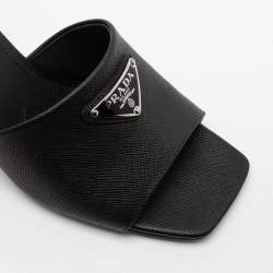 Pre Owned Prada Black Saffiano Leather Triangle Logo Plaque Block Heel Slide Sandals Size 38