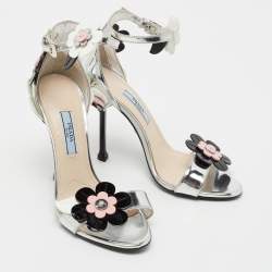 Pre Owned Prada Multicolor Floral Appliqué Patent Leather Ankle Strap Sandals Size 36