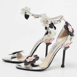 Pre Owned Prada Multicolor Floral Appliqué Patent Leather Ankle Strap Sandals Size 36