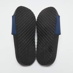 Pre Owned Prada Navy Blue Rubber Graphic Logo Flat Pool Slides Size 38
