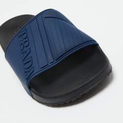 Pre Owned Prada Navy Blue Rubber Graphic Logo Flat Pool Slides Size 38