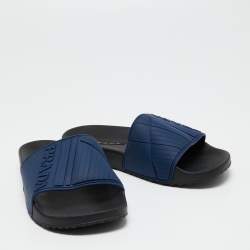 Pre Owned Prada Navy Blue Rubber Graphic Logo Flat Pool Slides Size 38
