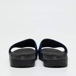 Pre Owned Prada Navy Blue Rubber Graphic Logo Flat Pool Slides Size 38