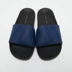 Pre Owned Prada Navy Blue Rubber Graphic Logo Flat Pool Slides Size 38