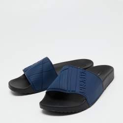 Pre Owned Prada Navy Blue Rubber Graphic Logo Flat Pool Slides Size 38