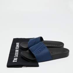 Pre Owned Prada Navy Blue Rubber Graphic Logo Flat Pool Slides Size 38