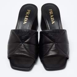 Pre Owned Prada Black Leather Quilted Block Heel Slide Sandals Size 36