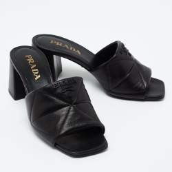 Pre Owned Prada Black Leather Quilted Block Heel Slide Sandals Size 36