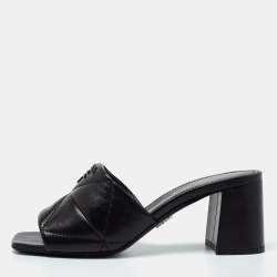 Pre Owned Prada Black Leather Quilted Block Heel Slide Sandals Size 36