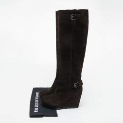 Pre Owned Prada Brown Suede Buckle Knee Length Boots Size 38