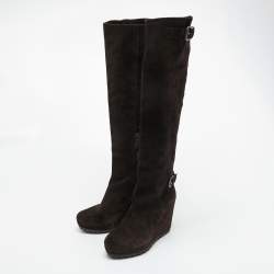 Pre Owned Prada Brown Suede Buckle Knee Length Boots Size 38